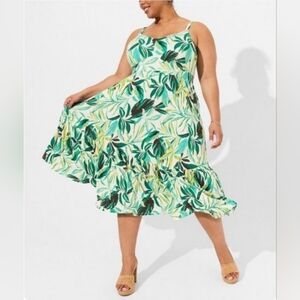 Torrid Green Painted Tropical Leaf Super Soft Tiered Midi Swing Dress size 3